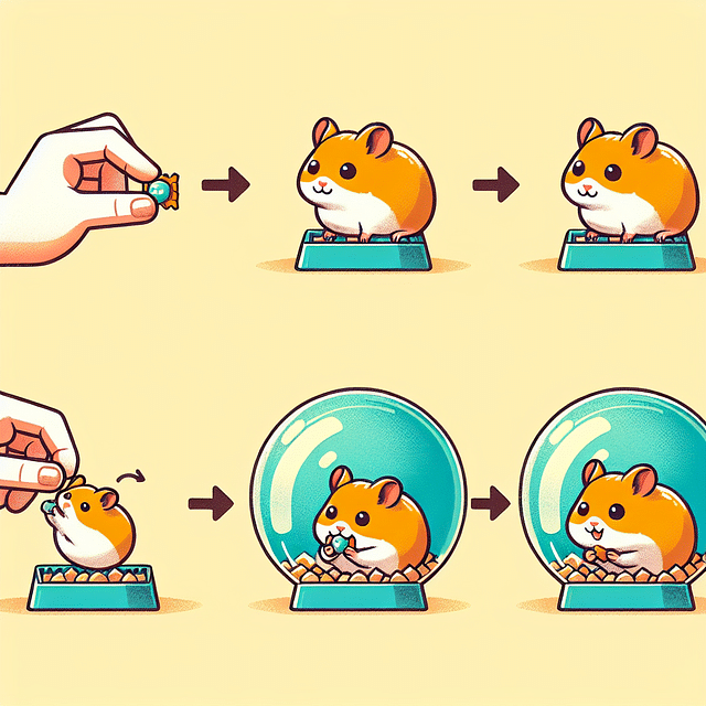 hamster being coaxed into an exercise ball with a treat