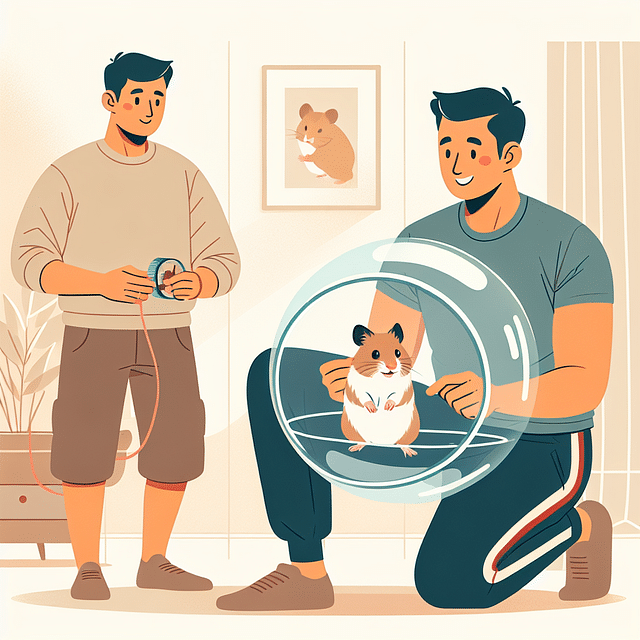 owner watching hamster in exercise ball