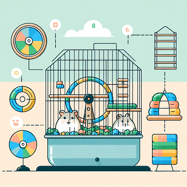 hamster cage filled with enrichment toys and exercise wheel