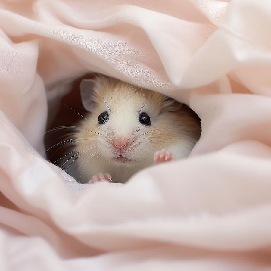 Winter white dwarf hamster burrowing in bedding