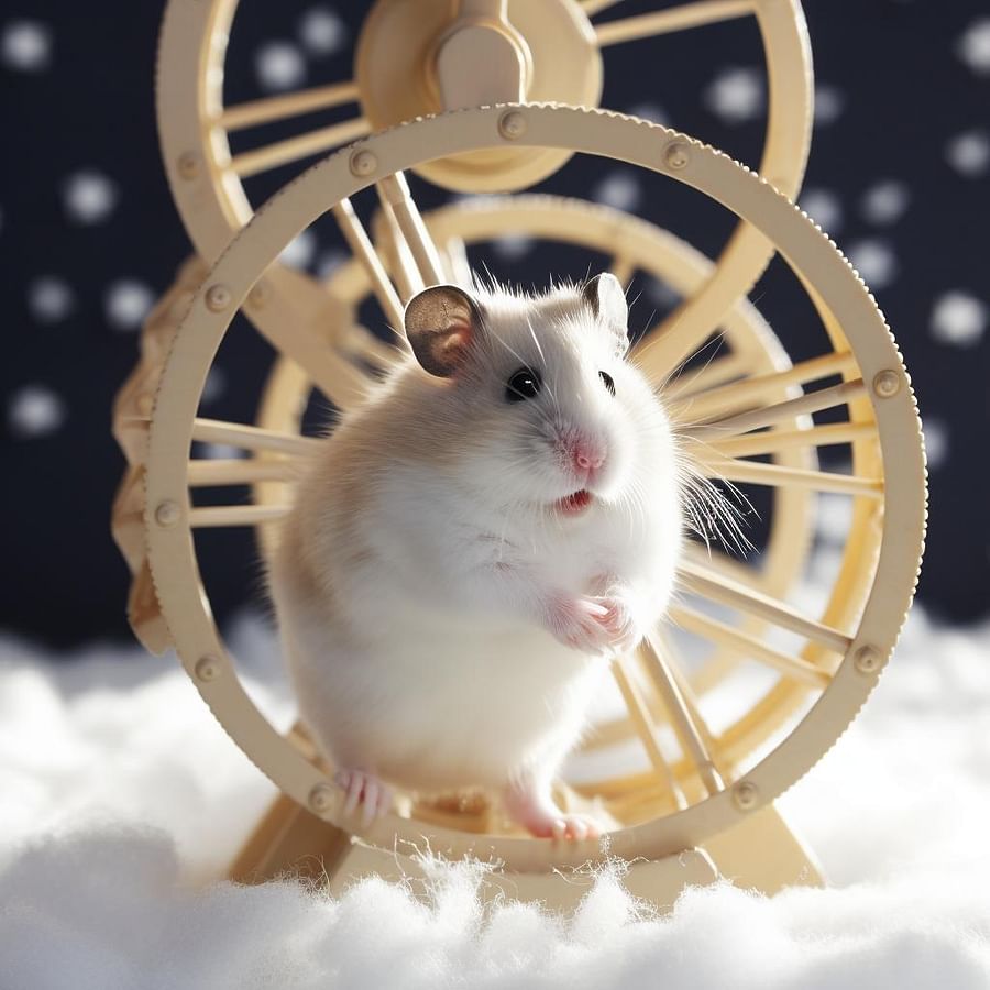 Winter white dwarf hamster running on a wheel