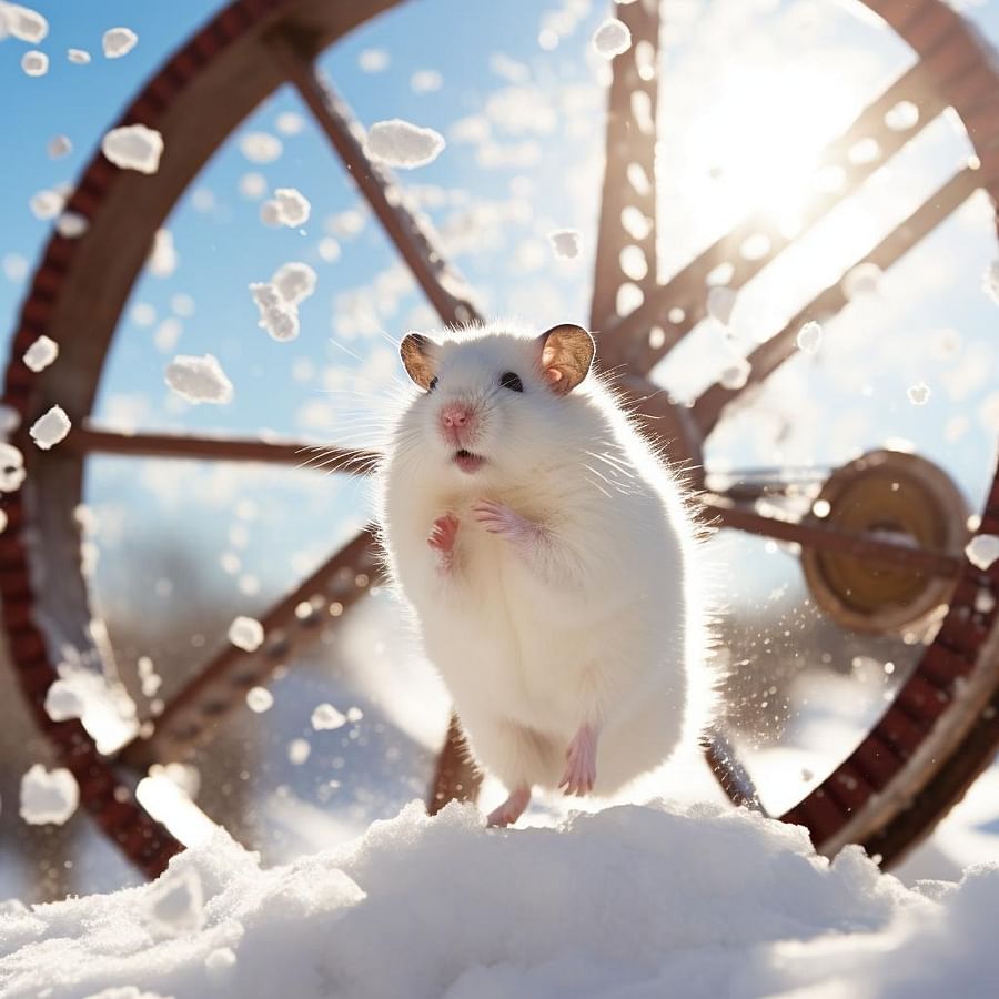 Winter white hamster running on a sturdy wheel