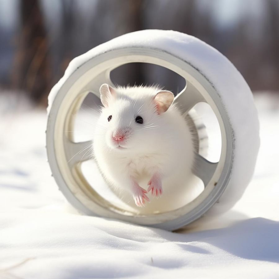 Winter white hamster running on a perfectly sized wheel