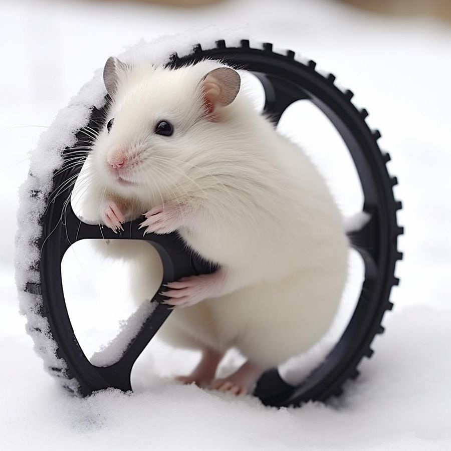 Winter white hamster running on a perfectly sized wheel