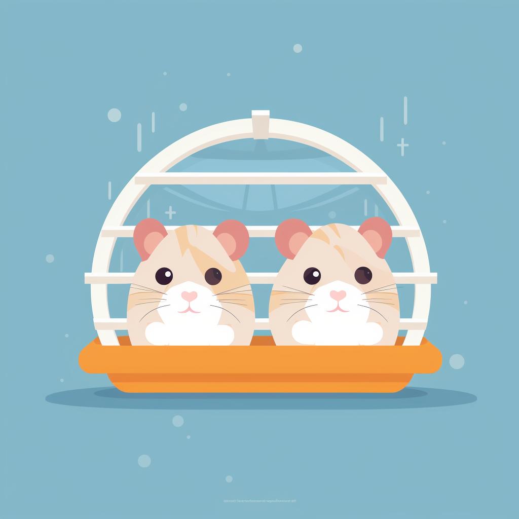 Two hamsters exploring a clean, neutral cage together