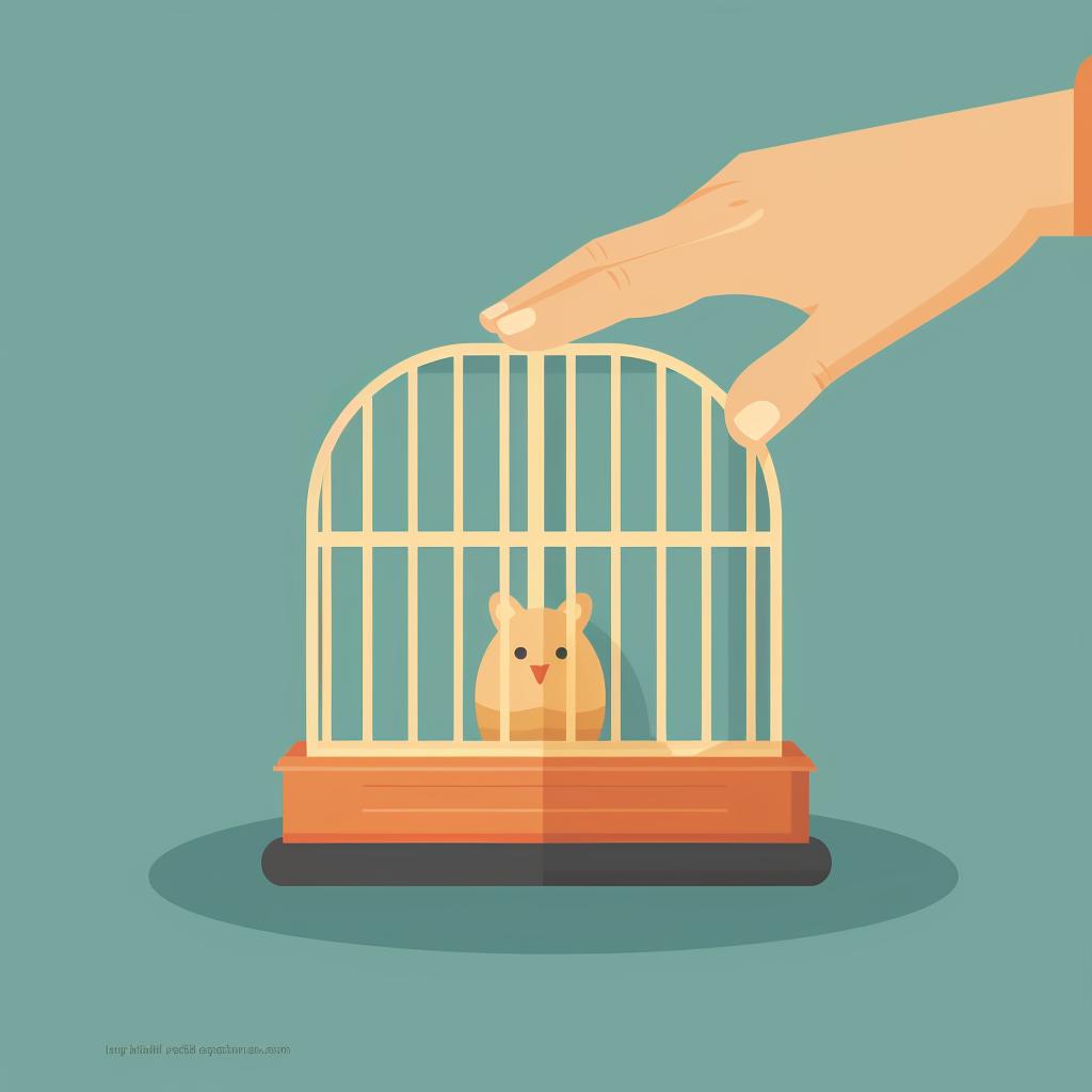 A hand pointing at a small gap in a hamster cage