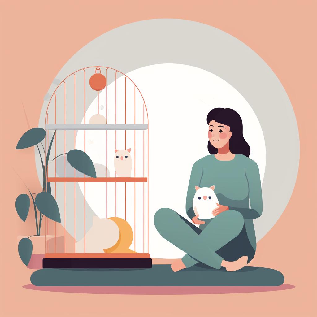 A person sitting next to a hamster cage, talking softly